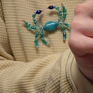 Hand Crafted Teal and Blue Beaded Spider Brooch